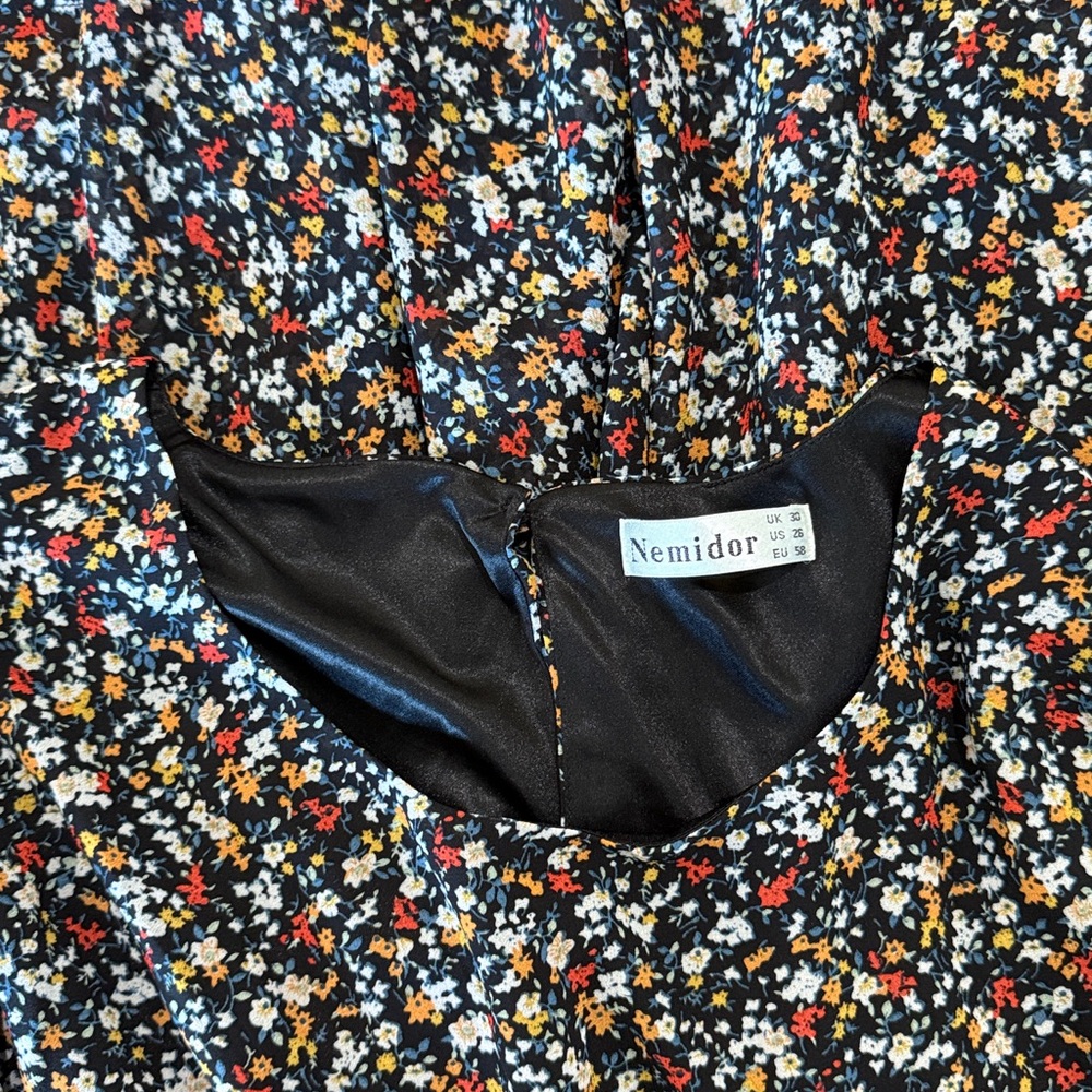 Nemidor Navy Floral Mini Print Tiered Lined Dress Size 26